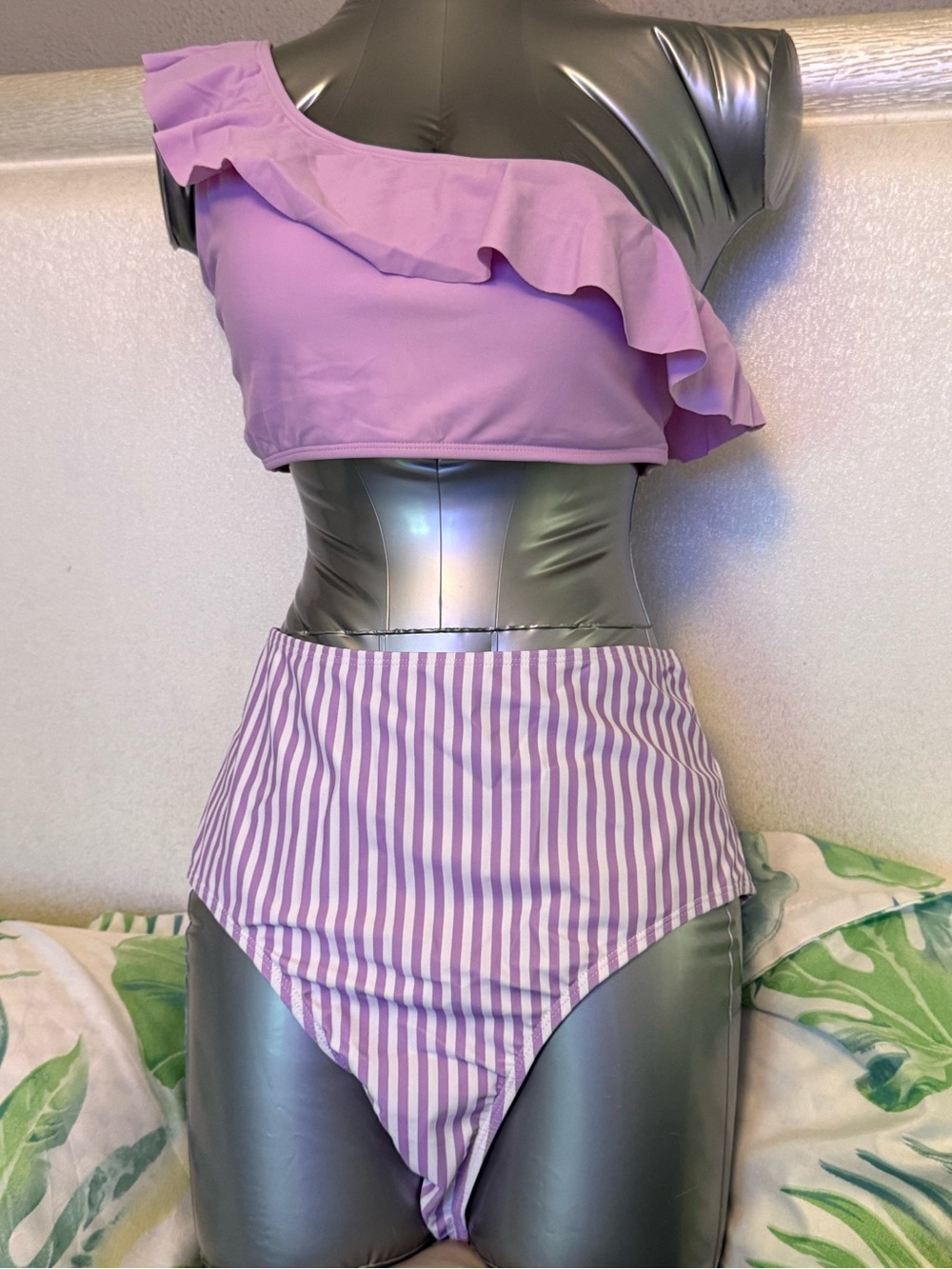 Lilac One shoulder/asymmetrical Ruffle top and High Waisted Bikini Set #14